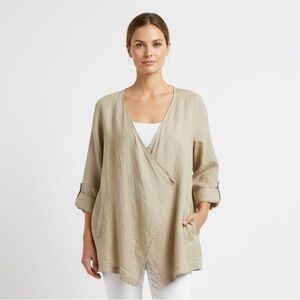 Chaus New York Beige Tan 100% Linen Open Front Lightweight Breathable Jacket